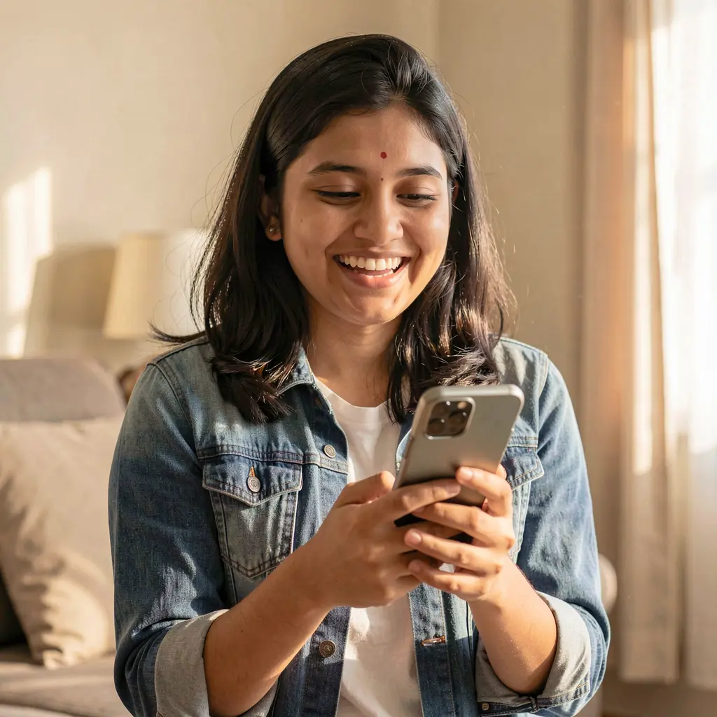 Happy Bangladeshi woman looking at her phone while using the KASH77 mobile casino app in a bright indoor setting