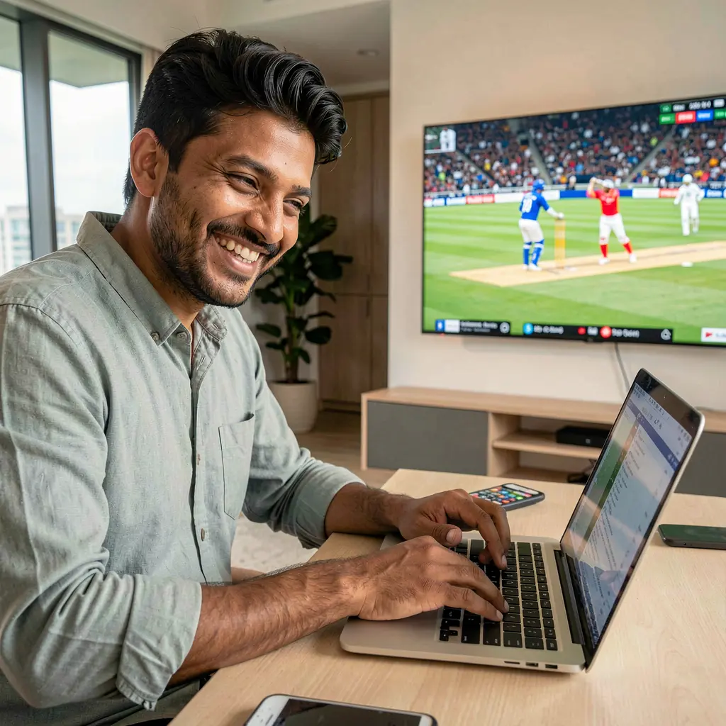 Confident Bangladeshi sports bettor smiling while reviewing live cricket odds on a laptop at home using the KASH77 betting platform