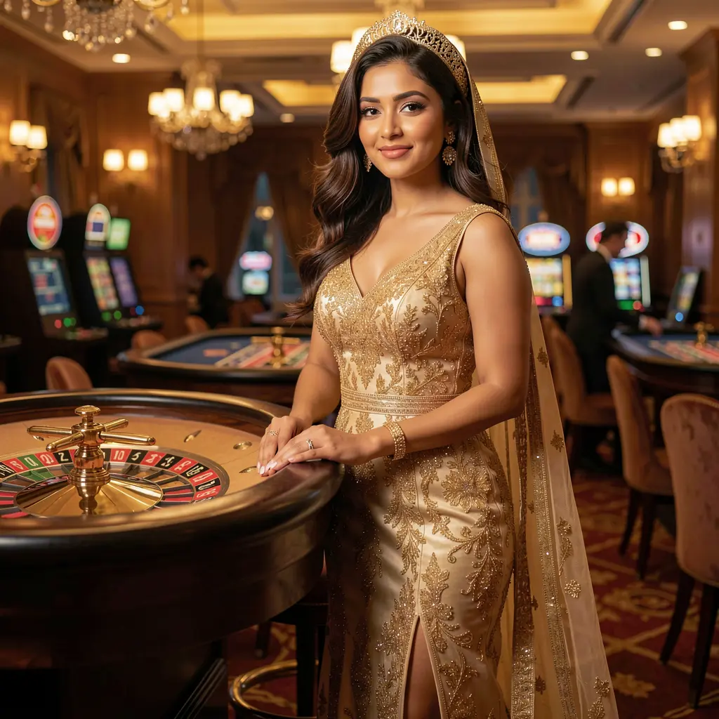 Elegant woman in a luxurious golden dress posing by a roulette table in a glamorous casino atmosphere at KASH77 reflecting premium gaming style for players in Bangladesh