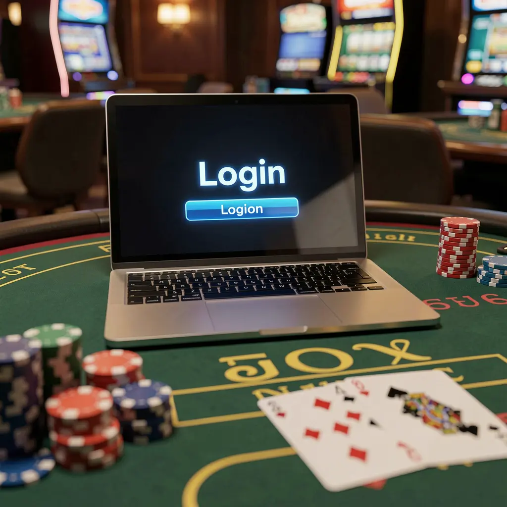 Modern laptop on a casino table with poker chips and cards showing the KASH77 login page for secure access in Bangladesh
